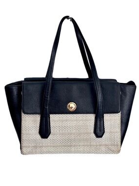 Henri Bendel Black Leather and Ivory Woven Office Work Tote Bag